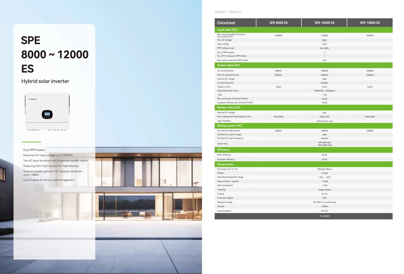 Growatt SPE 8000–12000 ES Hybrid Inverter