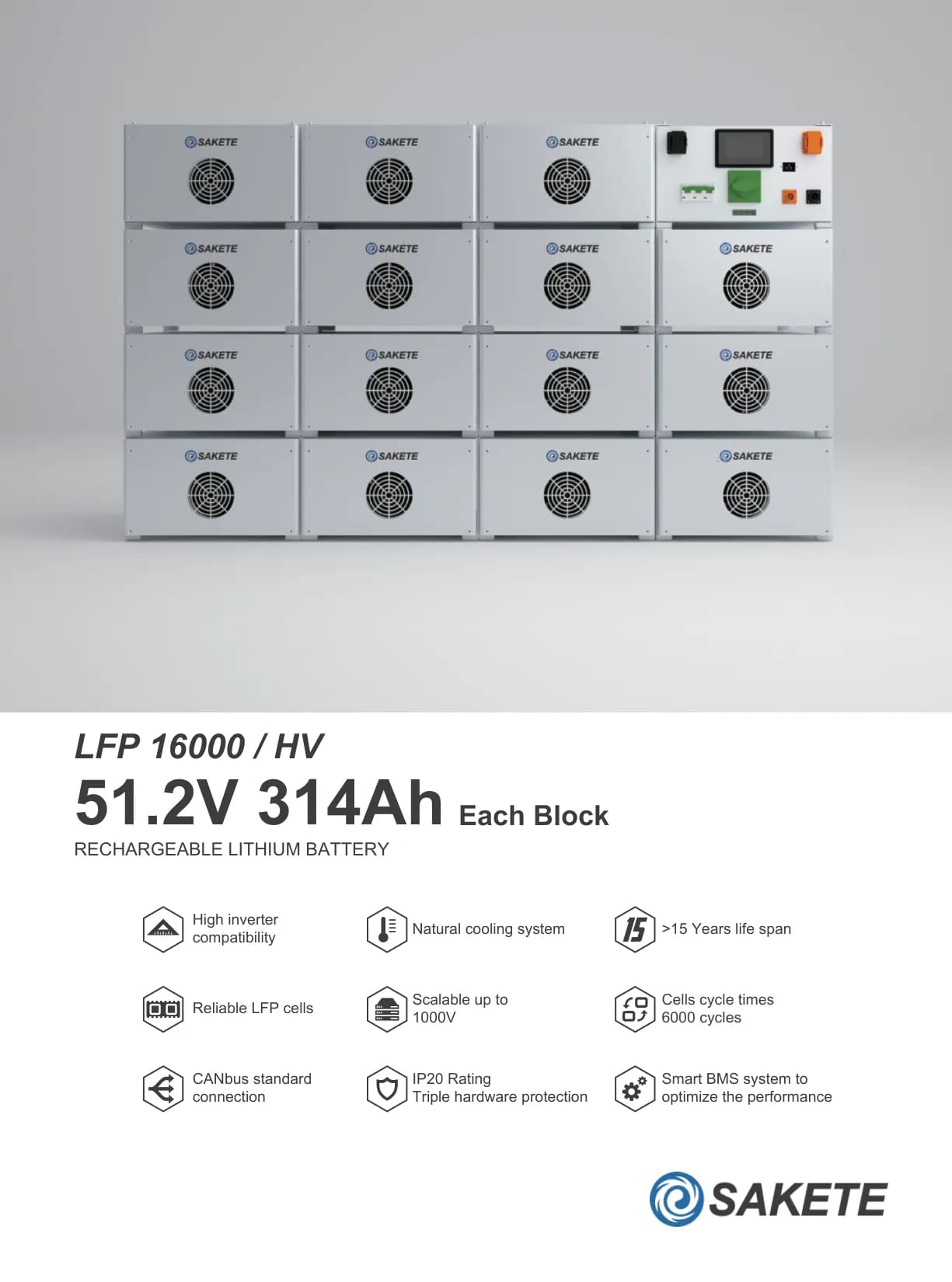 LFP 16000 HV Rack Battery System (64–241 kWh, 160–1000V architecture)