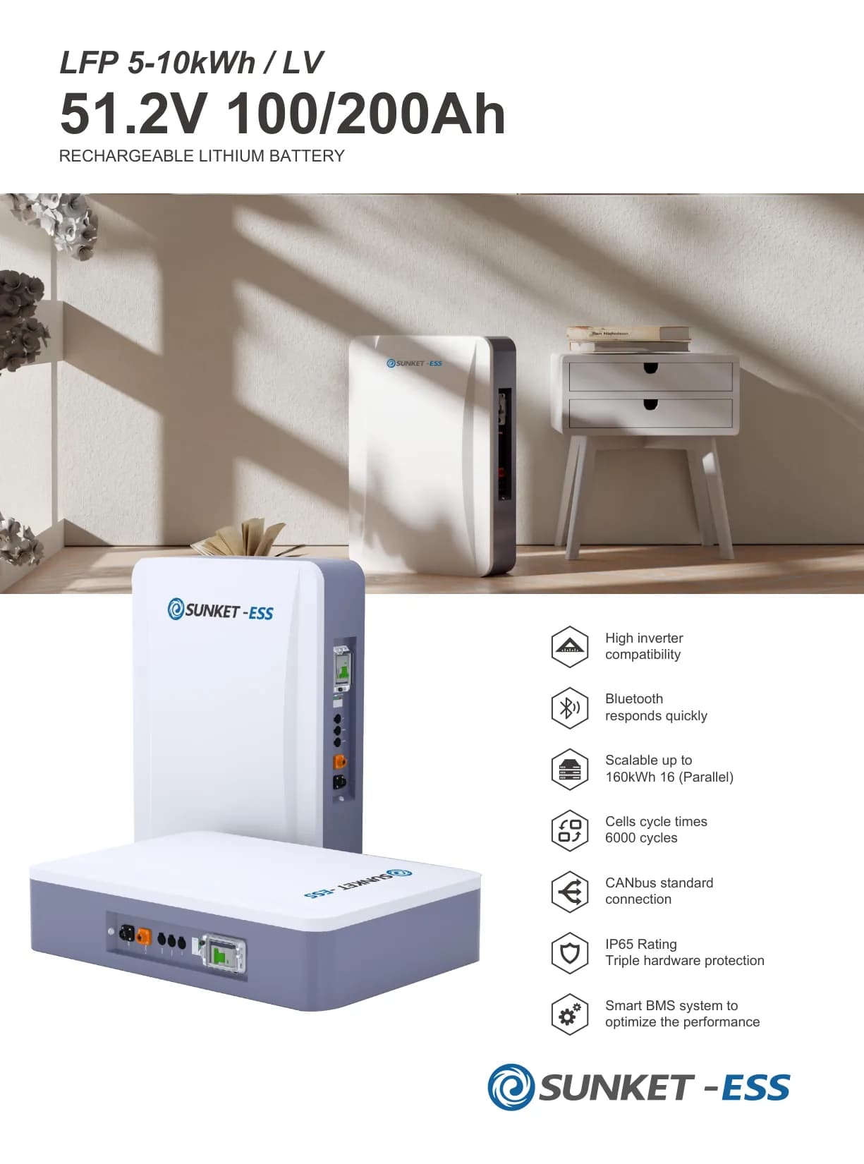 LFP 5–10 kWh 51.2V Wall-Mounted Battery (IP65, CAN/RS485)